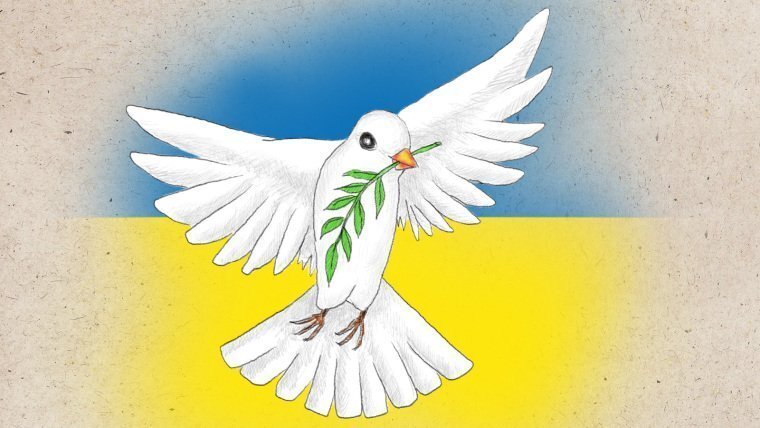 Dove of Peace against a blue and yellow background.